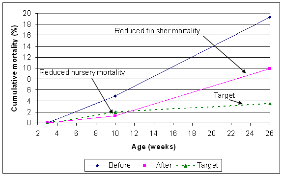 Mortality rates in pigs before and after stress reduction, all-in/all-out procedures and 3-site production