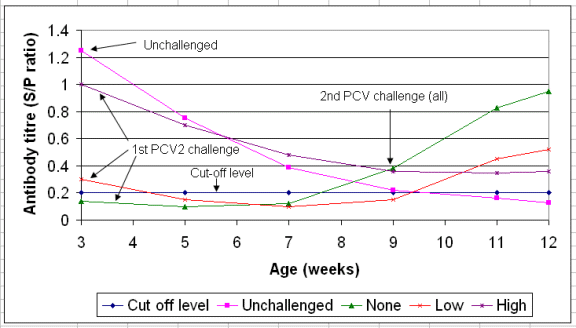 Effects of maternally derived antibodies on PCV-2 challenges at 3 and 9 weeks of age in three-week-old piglets