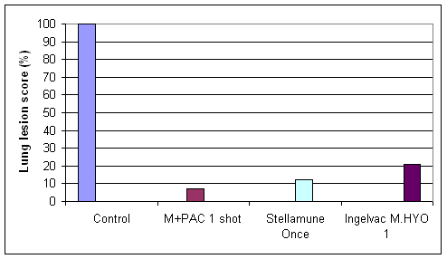 Comparative protection of one-shot vaccines<BR>reduction in lung lesion scores in comparison with an unvaccinated control