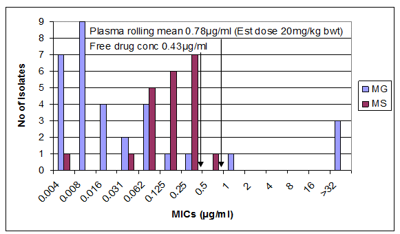 Susceptibility patterns for M. gallisepticum & Mycoplasma synoviae compared with plasma concentrations of tiamulin