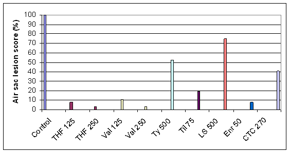 Comparison of air sac lesion scores following a M. gallisepticum artificial infection challenge and treatment with various antimicrobials